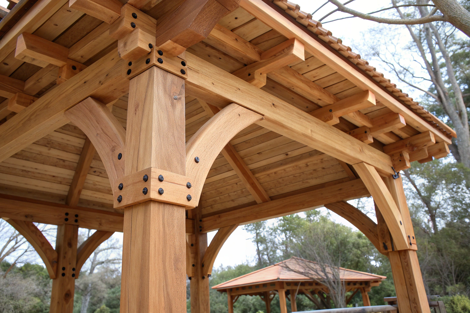 close up detailed view of timber gazebo construction