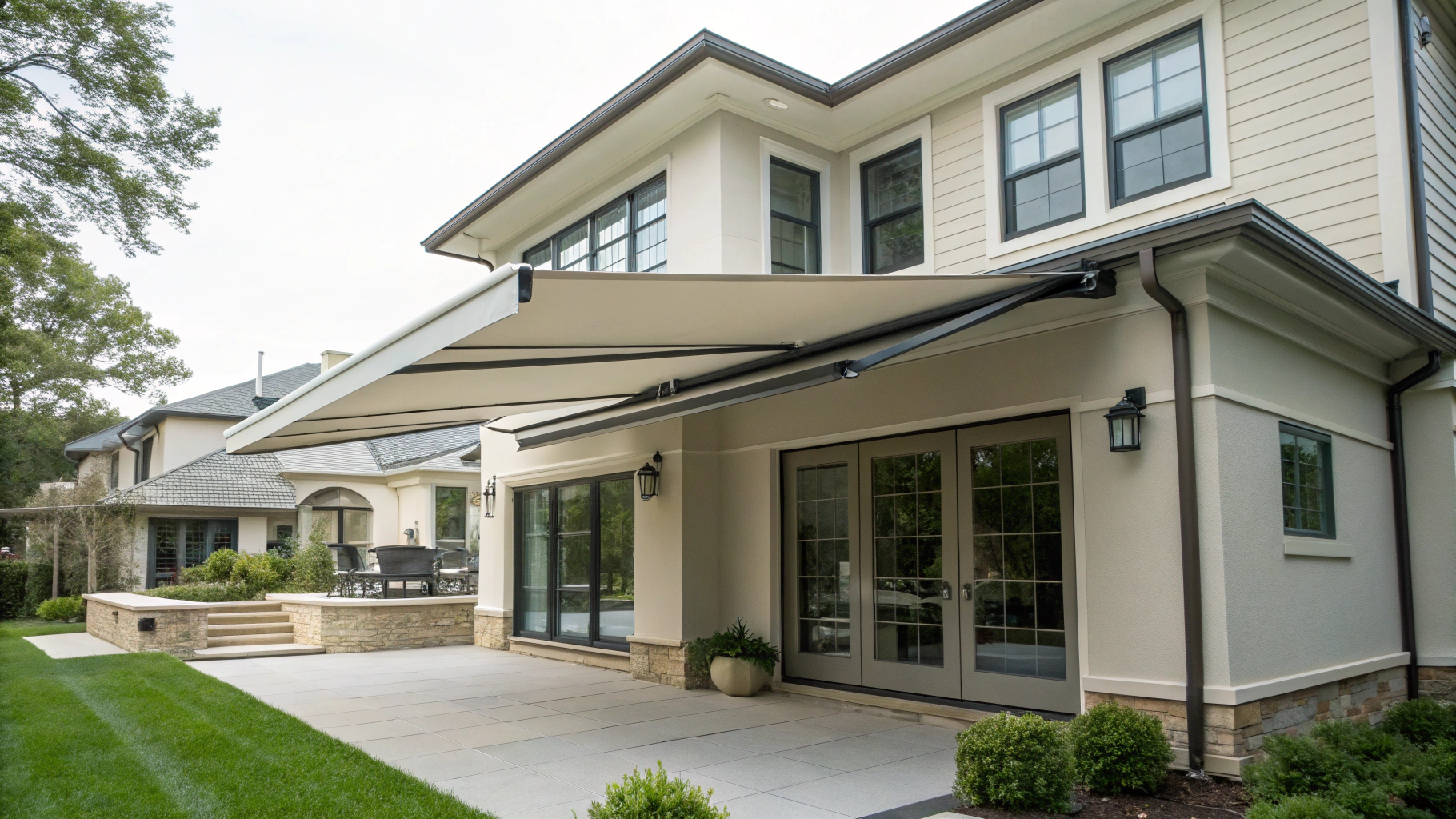 custom awning perfectly integrated with modern home