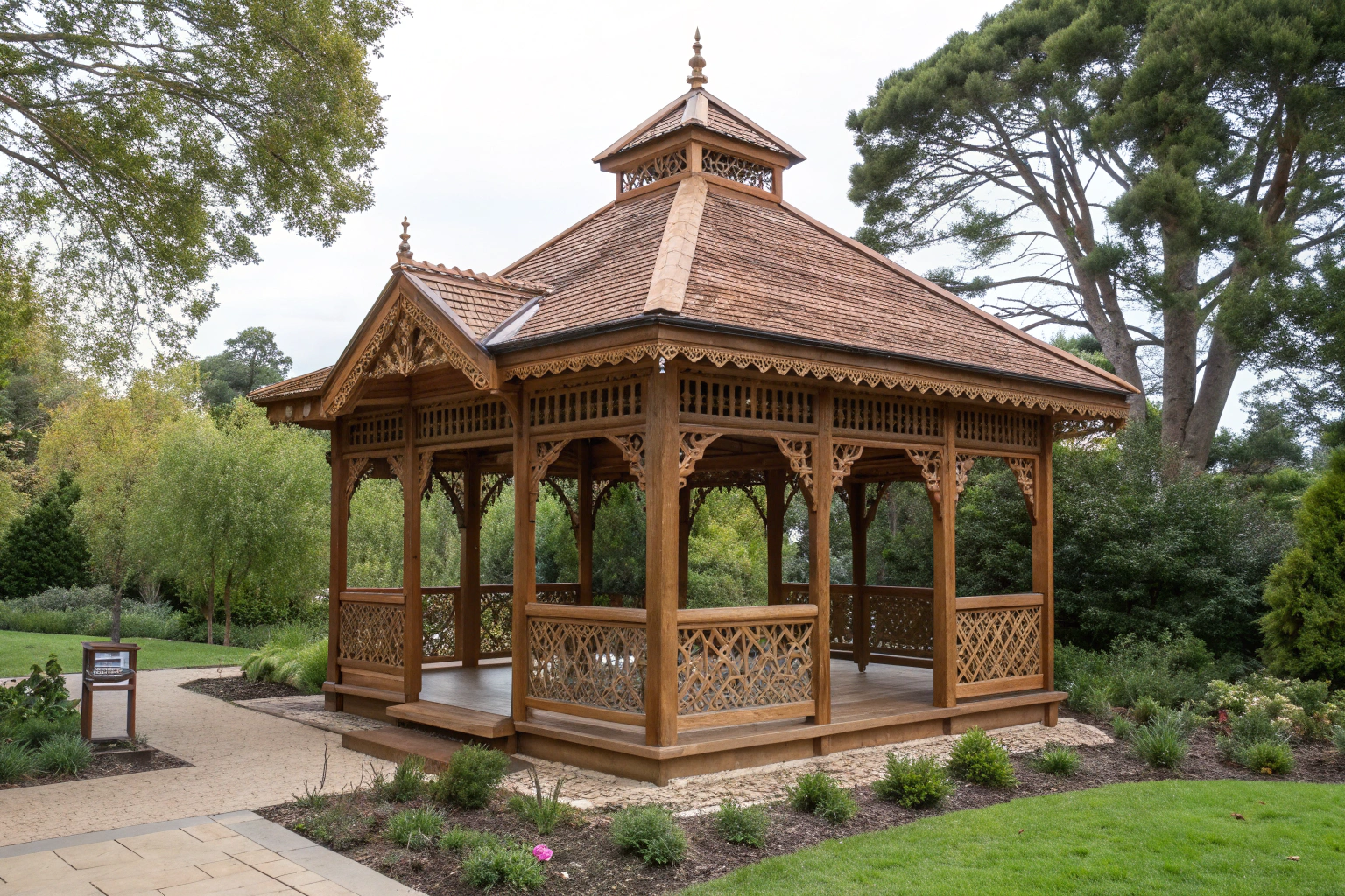 custom designed timber gazebo with unique architectural details