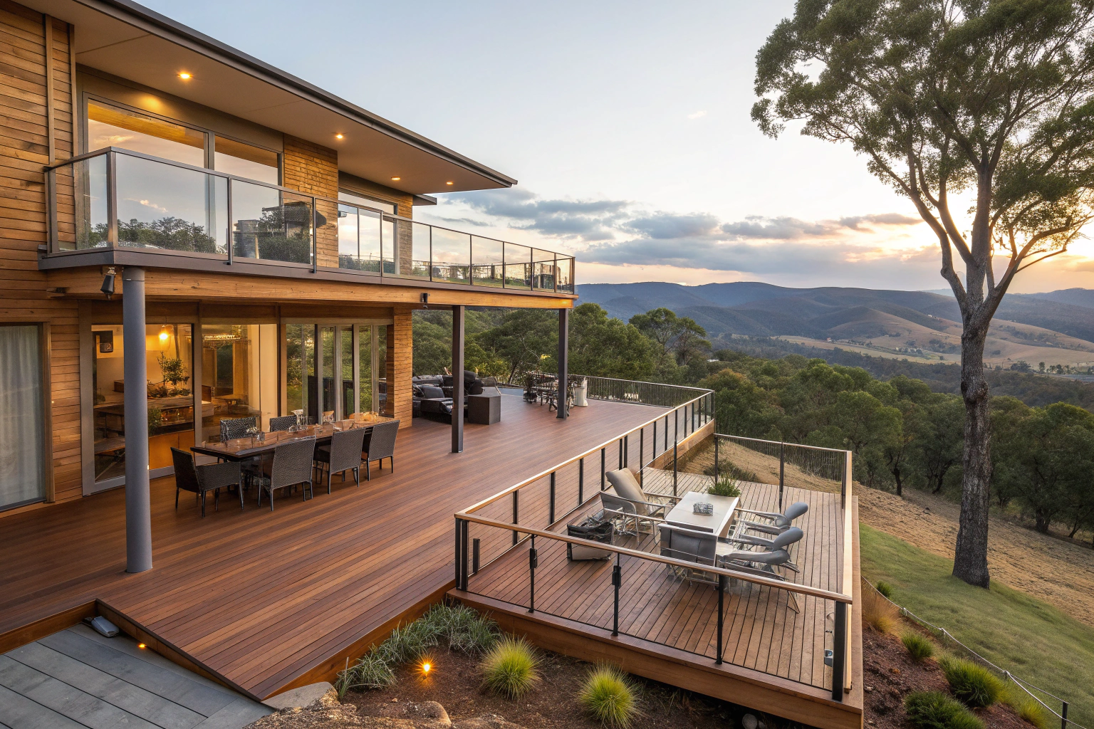 expansive elevated wooden deck creating substantial outdoor space