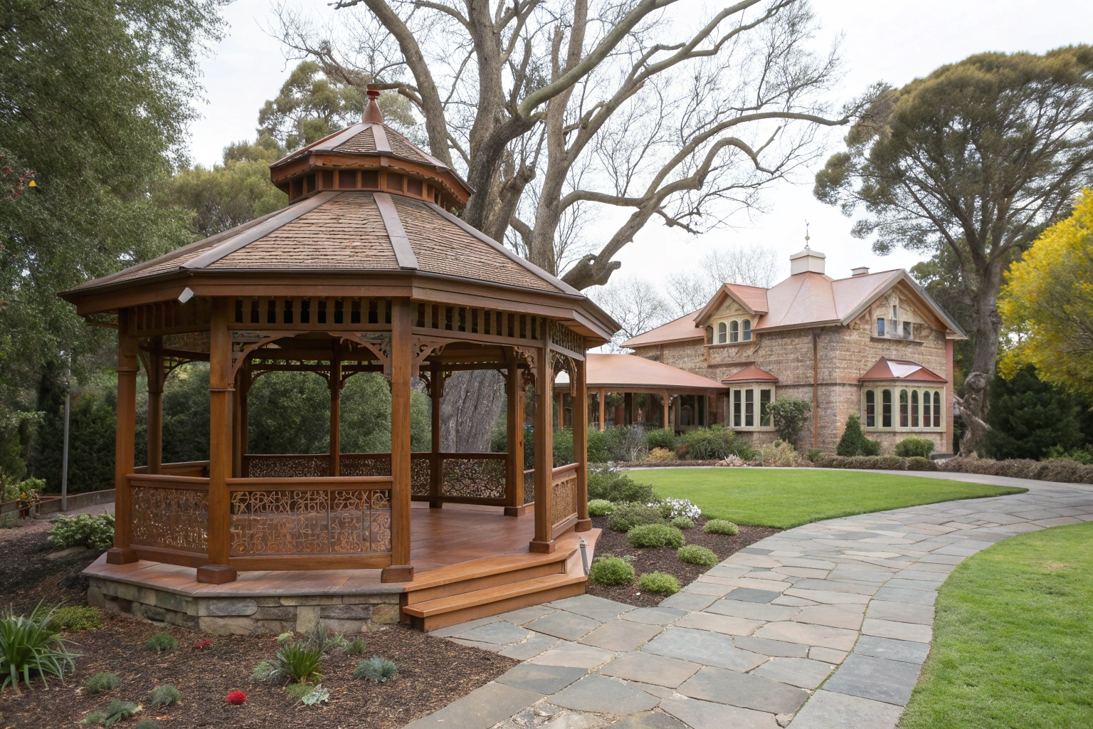 handcrafted timber gazebo as garden centerpiece
