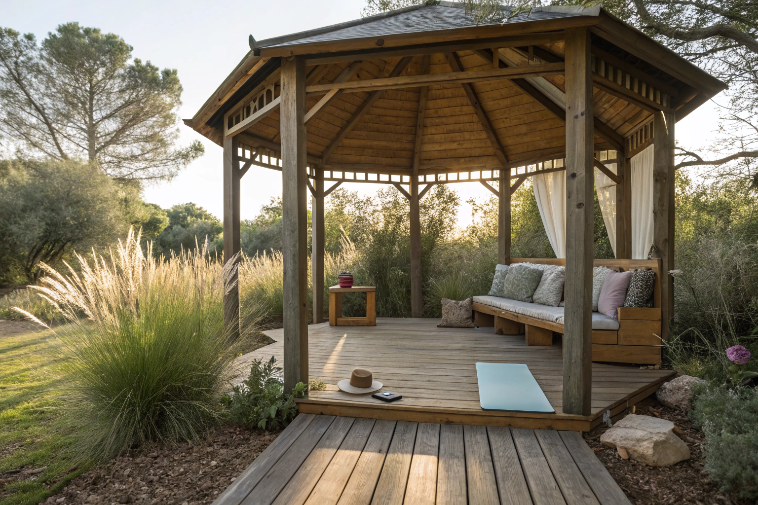 intimate timber gazebo in peaceful garden setting