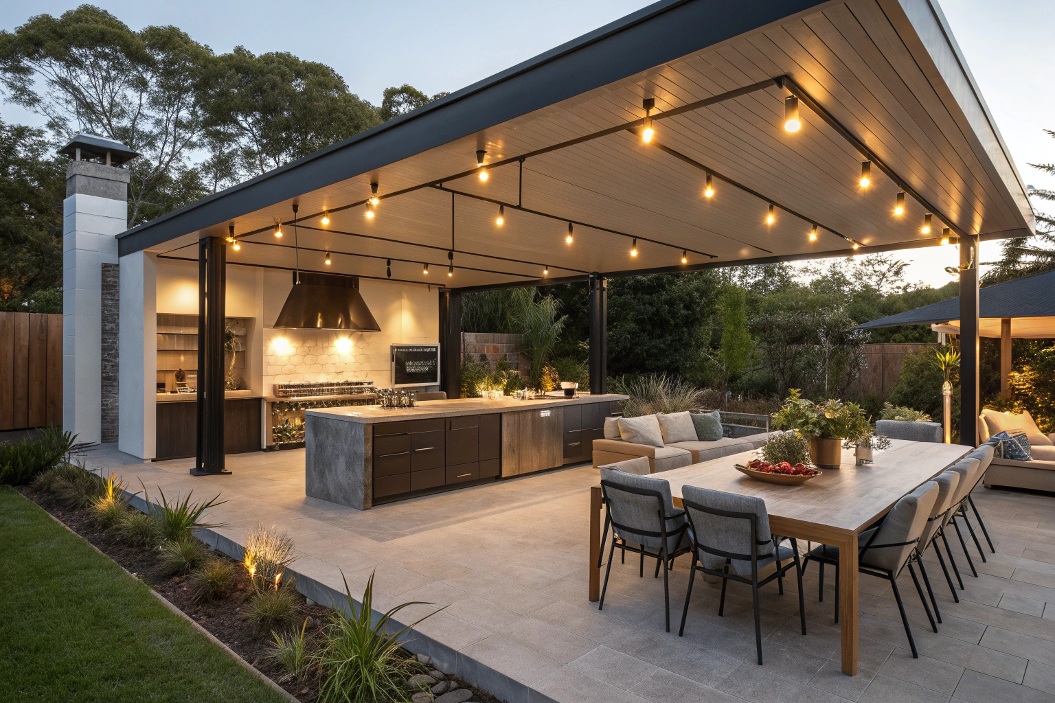 Large modern entertainment pavilion with outdoor kitchen