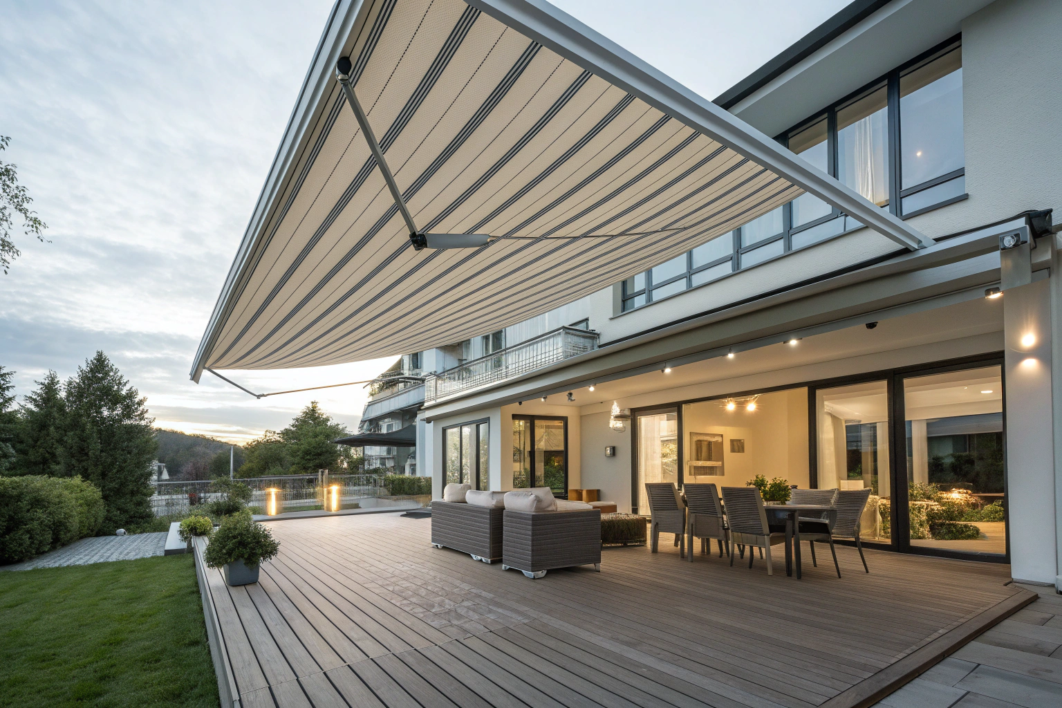 modern motorized retractable awning fully extended
