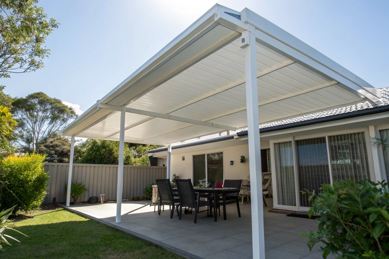 permanent fixed frame awning with solid roof cover
