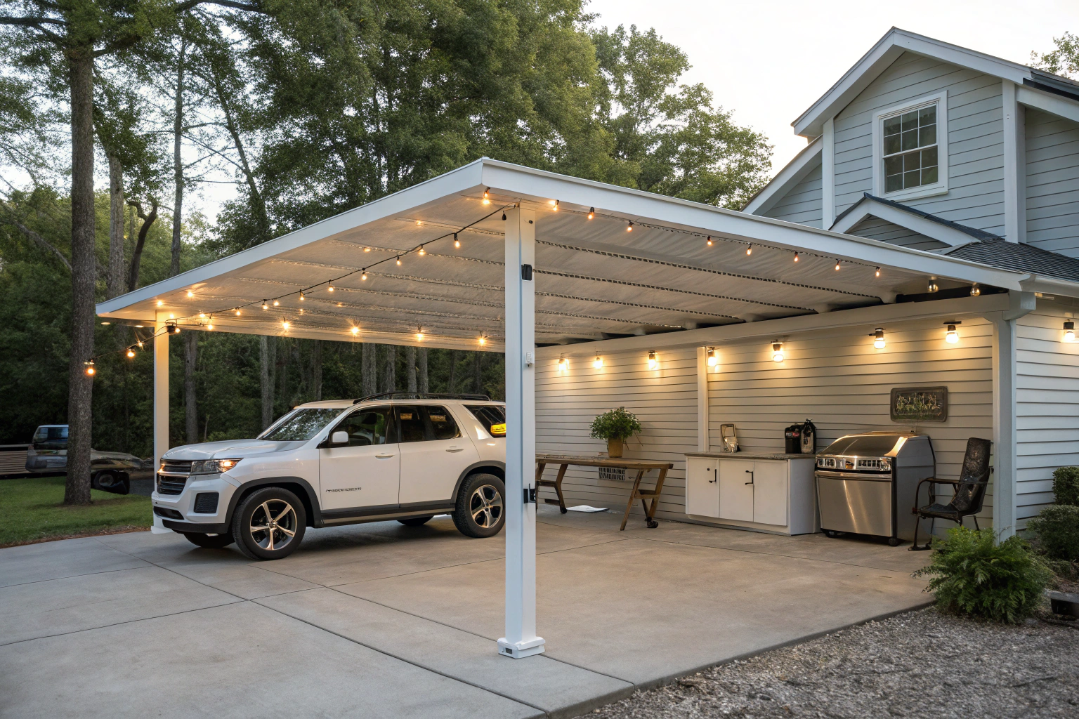 spacious carport extension with one bay protecting a vehicle