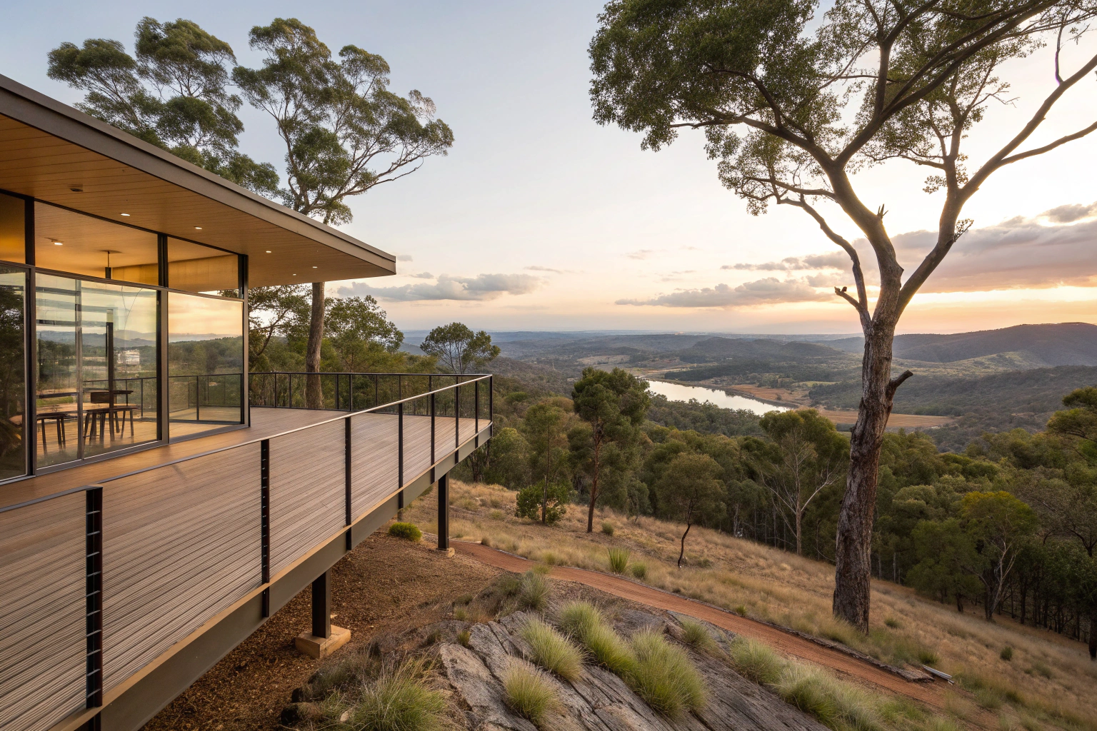 spectacular elevated wooden deck extending from a home