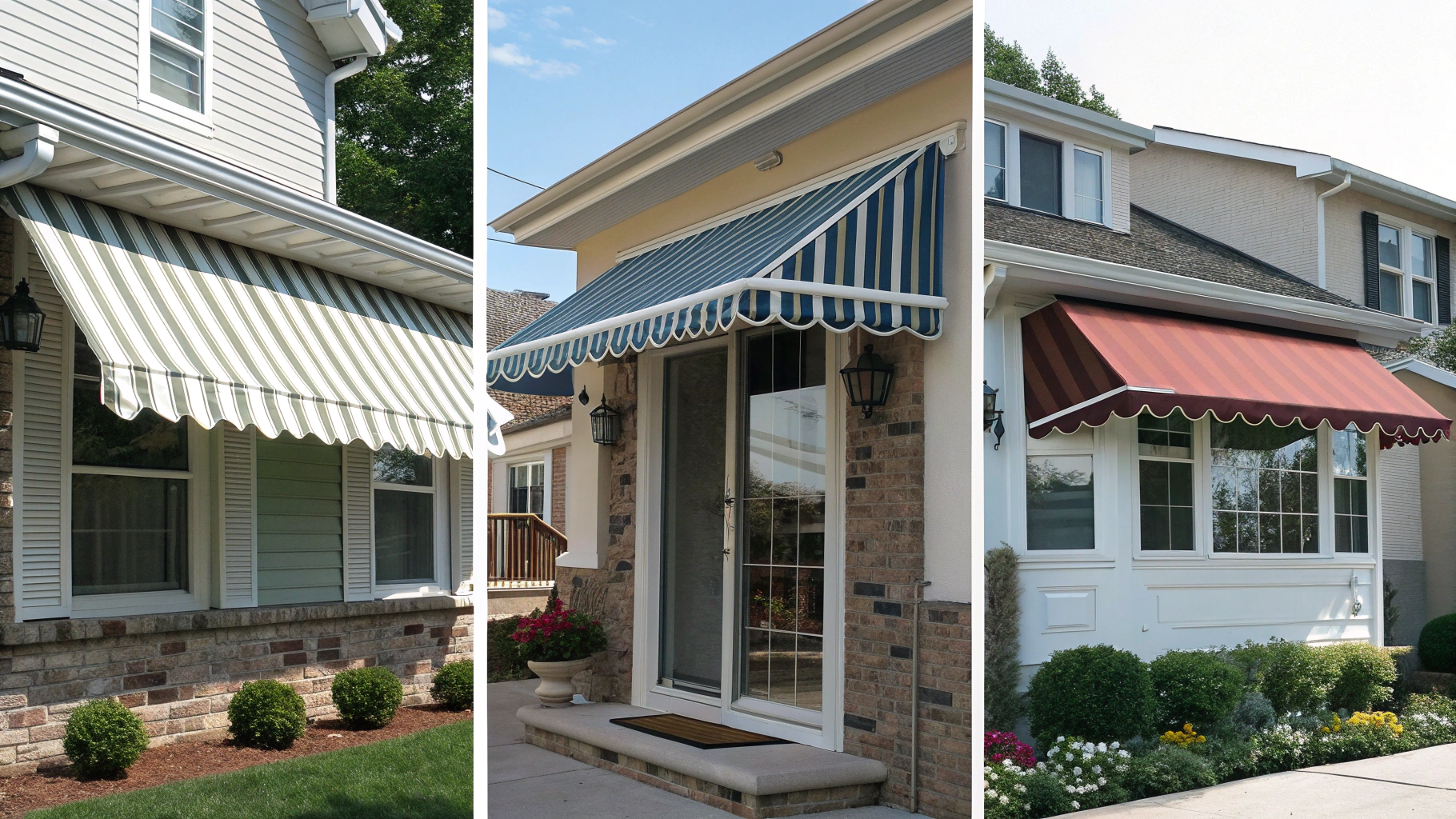 split screen comparison showing three different awnings