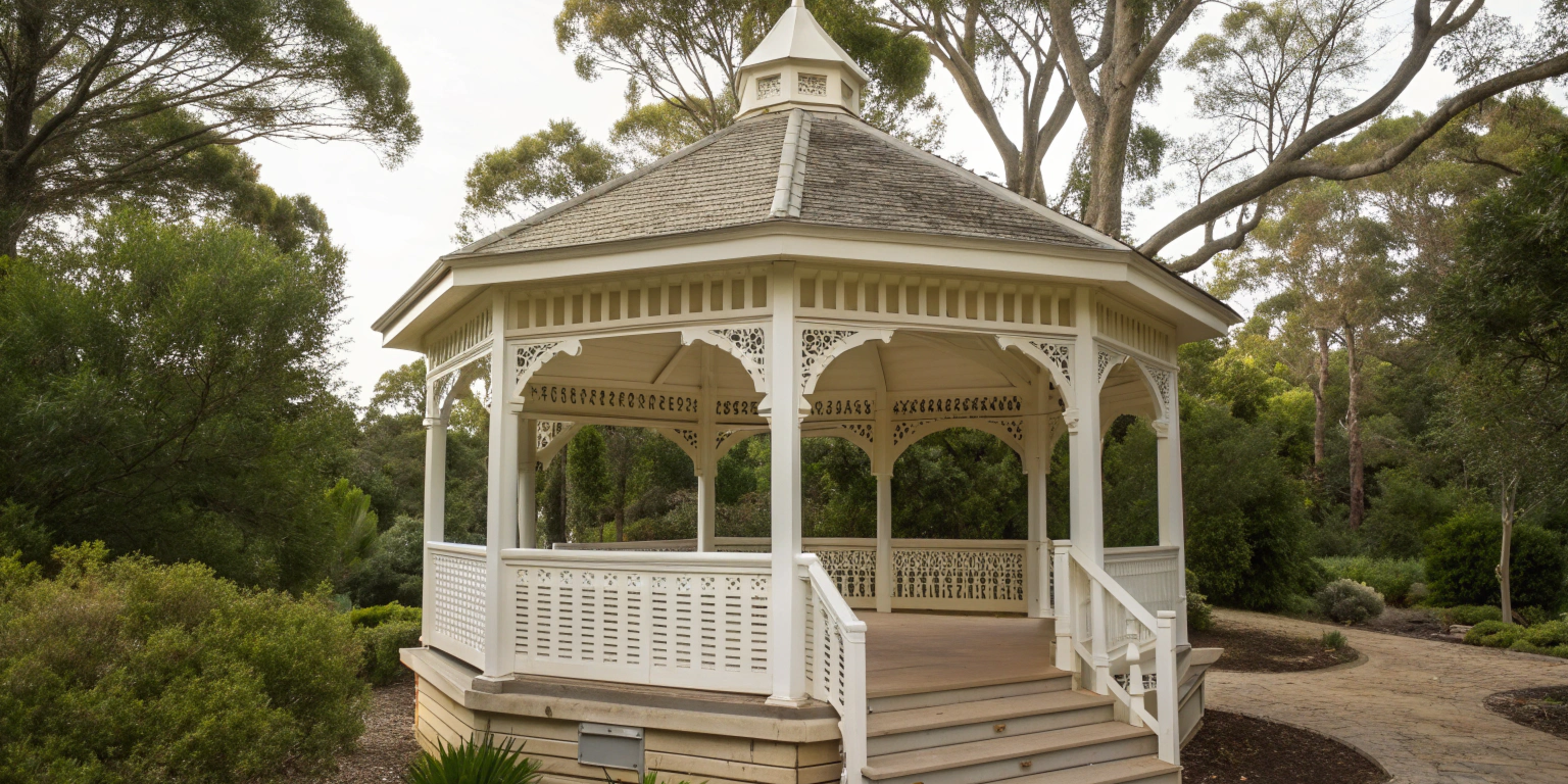 traditional white octagonal gazebo in Australian garden