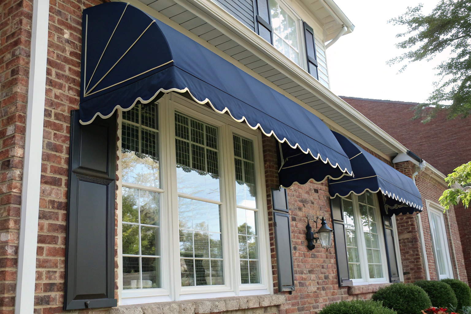 traditional window awning with scalloped edge fabric