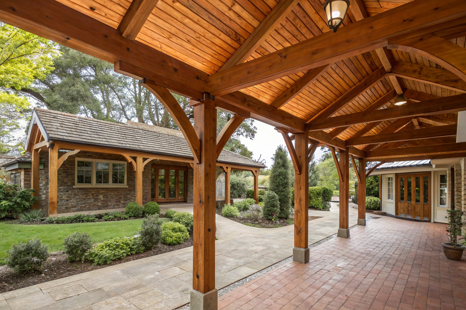 warm timber framed carport with natural wood posts